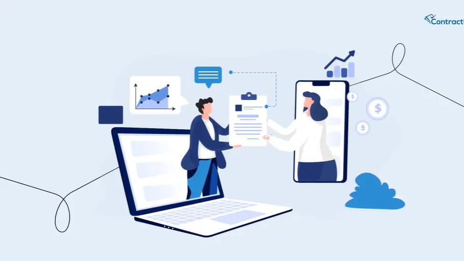 two animated people looking over a contract